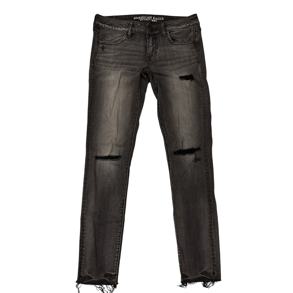 American Eagle Jeans Womens Size 8 Reg Black Super Low Jeggings Raw Hem Grunge